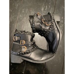 Black Studded Buckle Strap Moto Ankle Boots with Chain Detail Size 41 Womens